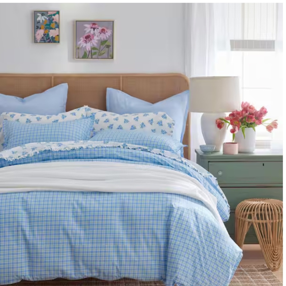 The Company Store King Comforter, Sunshine and Blooms blue/green plaid,new